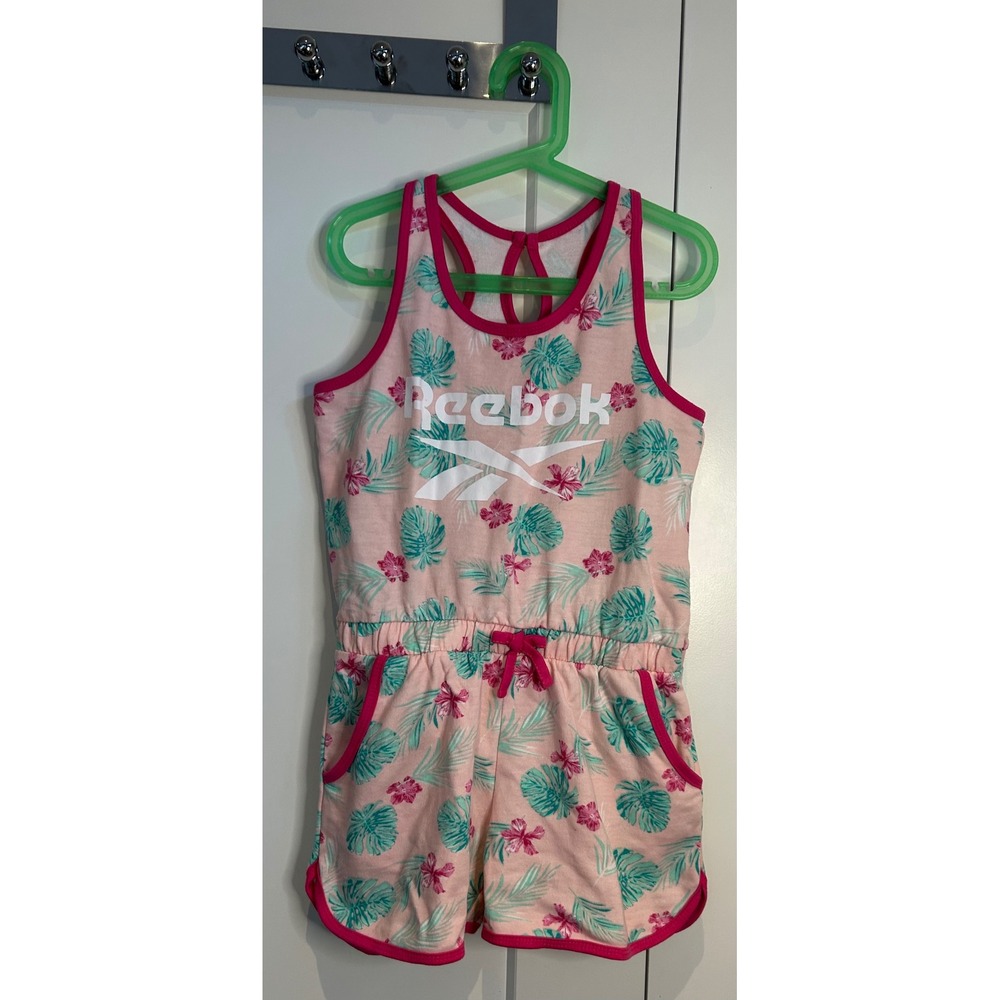 Reebok Girls Pink Tropical Floral Athletic Romper Sleeveless Pockets Size L 12
